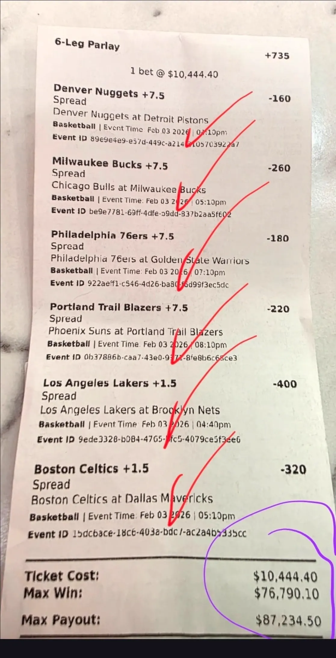 Winning GG33 parlay bet slip, $87,234.50 payout