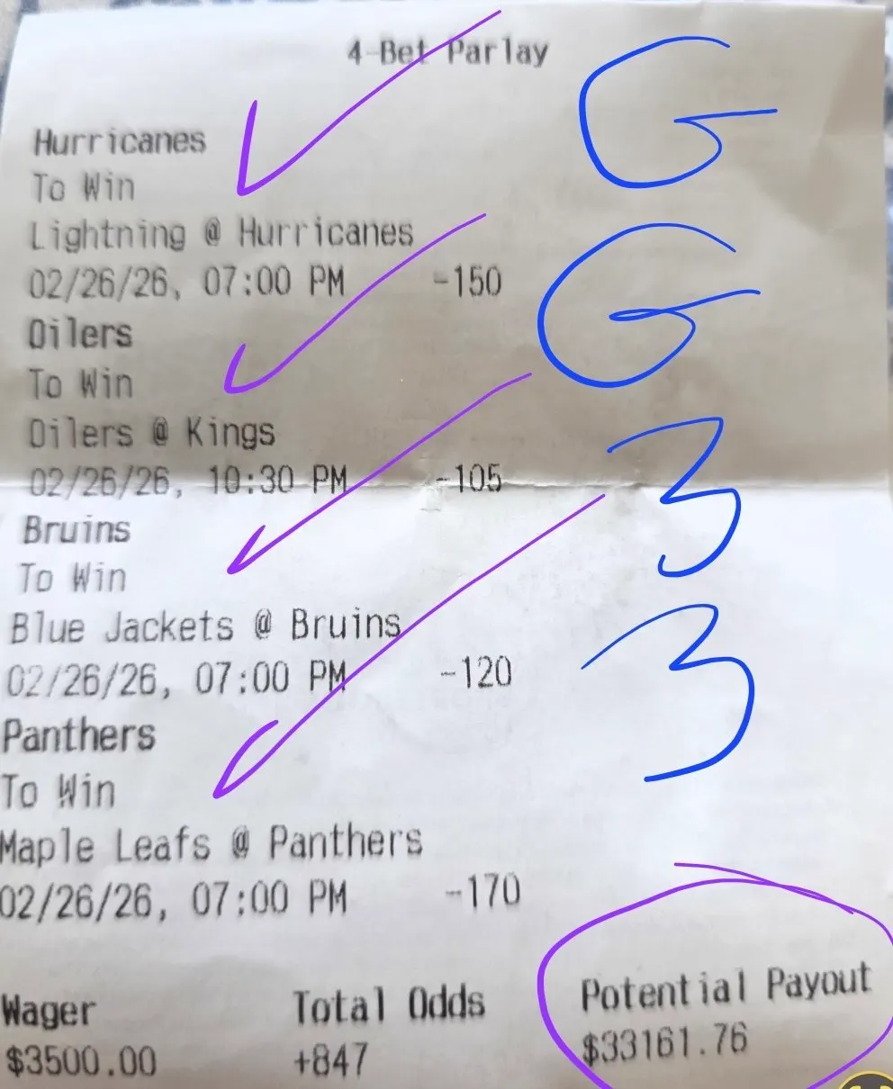 Winning GG33 parlay bet slip, $33,161.76 payout