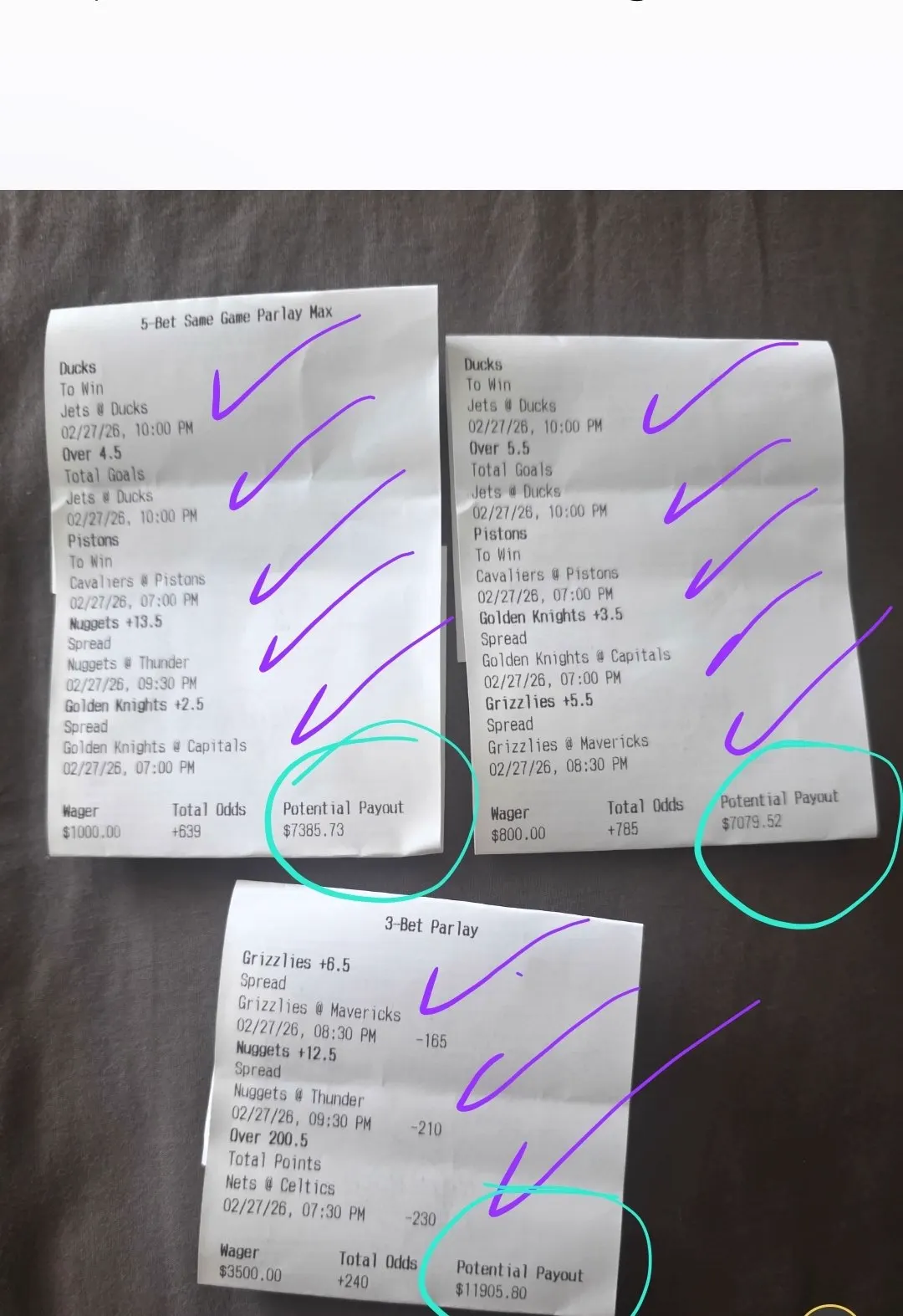 Winning GG33 parlay bet slip, $26,371.05 payout