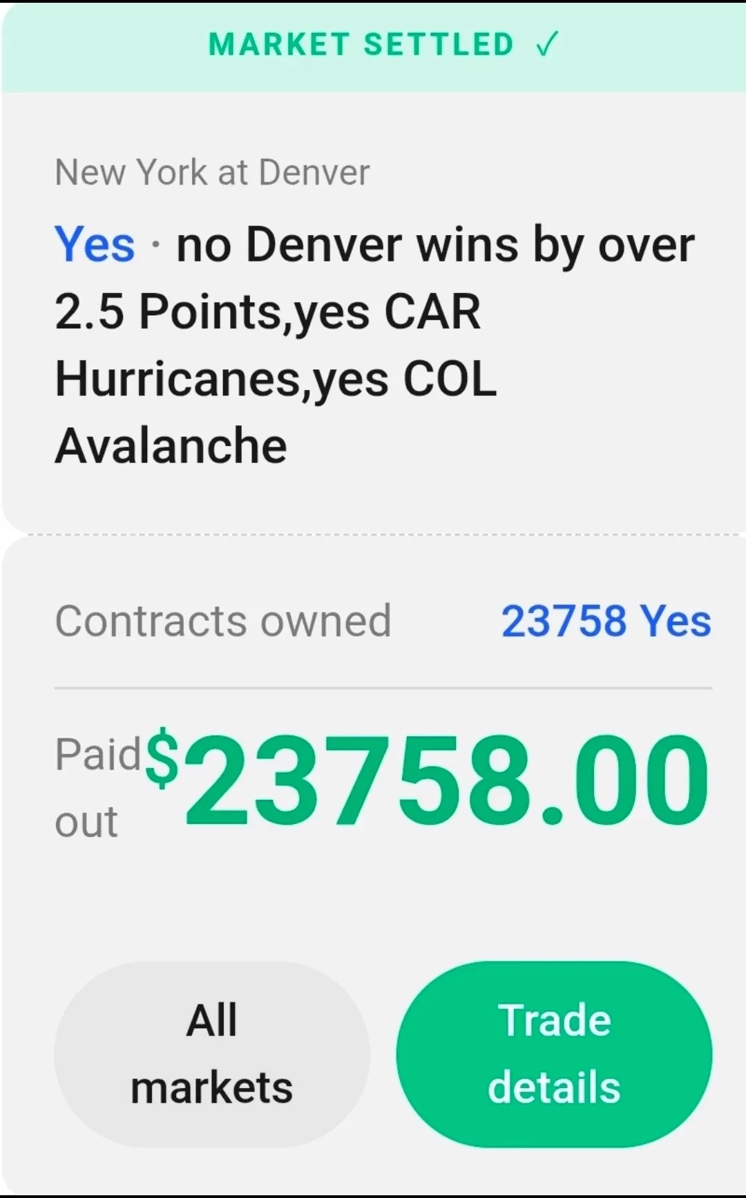 Winning GG33 parlay bet slip, $23,758.00 payout