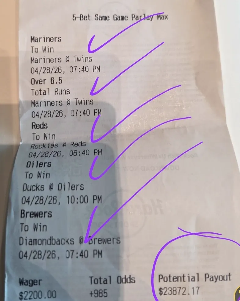 Winning GG33 parlay bet slip, $23,872.17 payout