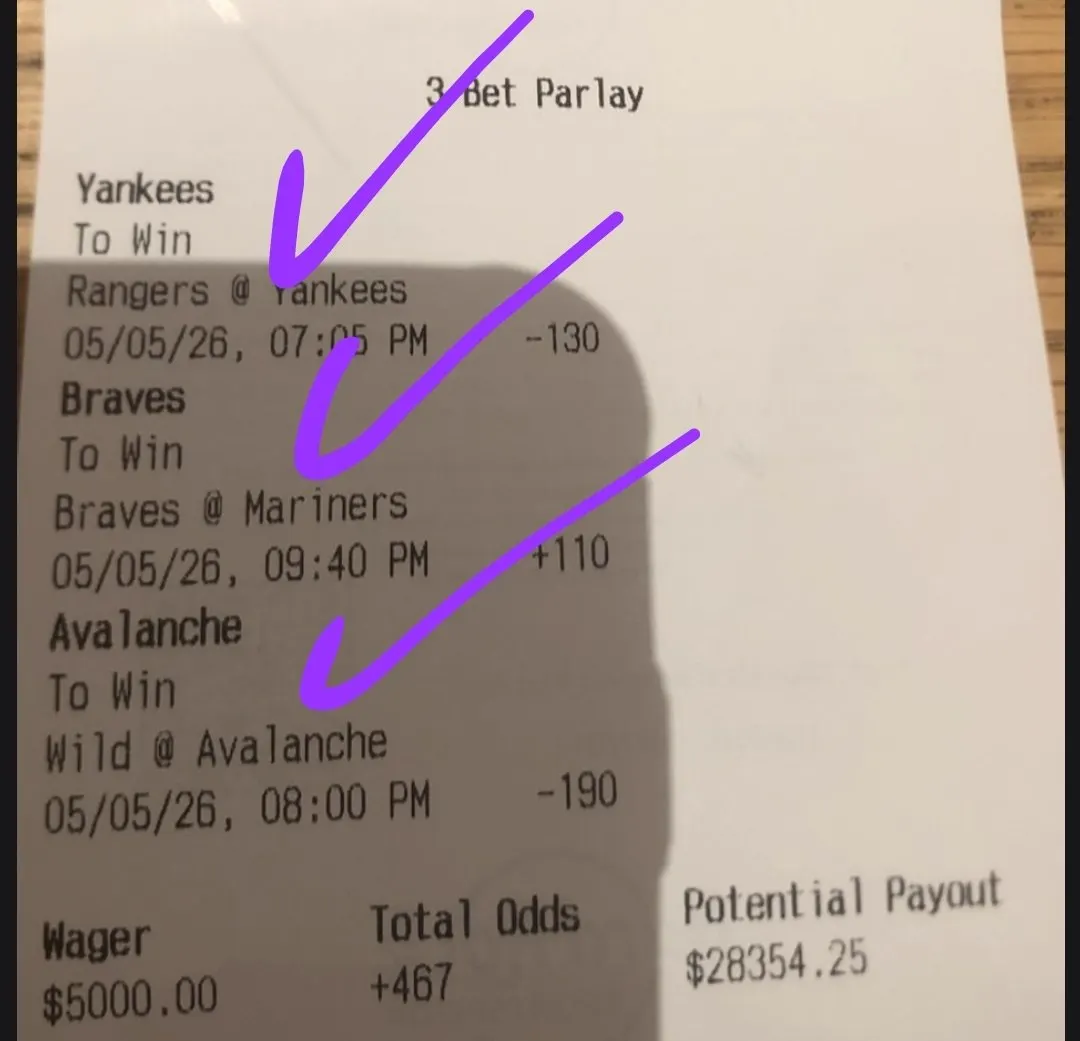 Winning GG33 parlay bet slip, $28,354.25 payout