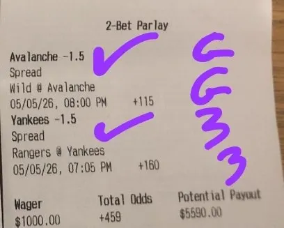 Winning GG33 parlay bet slip, $5,590.00 payout
