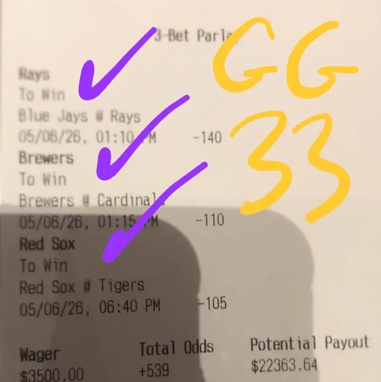 Winning GG33 parlay bet slip, $22,363.64 payout